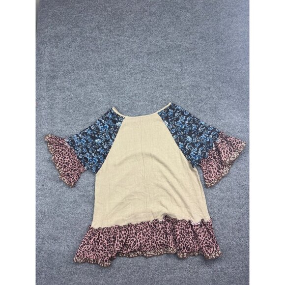 Umgee Linen Top Women's M Multi Floral Animal Print Patchwork Ruffle Bell Sleeve - Picture 5 of 6